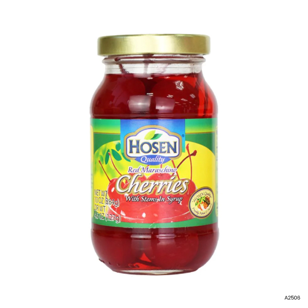 Red Maraschino Cherries with Stems in Syrup